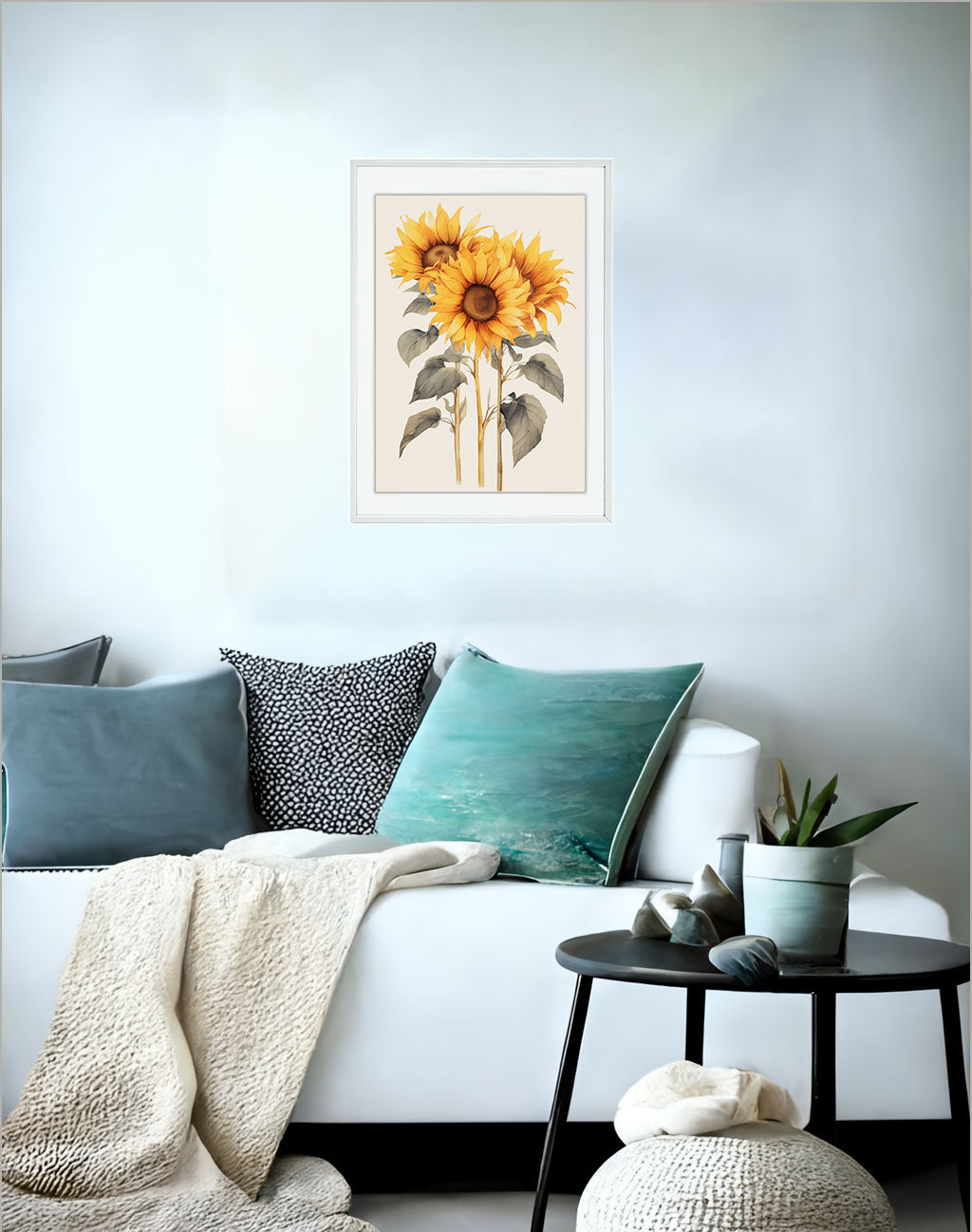 放射状に広がるひまわりのアートポスターソファ配置イメージ