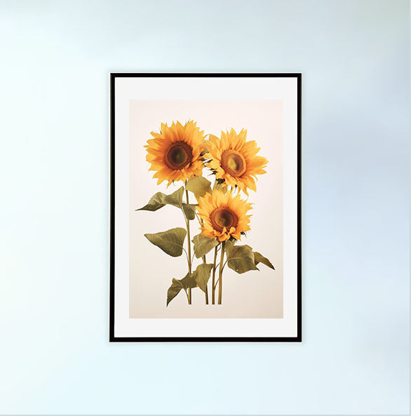 放射状に広がるひまわりのアートポスター黒フレームあり
