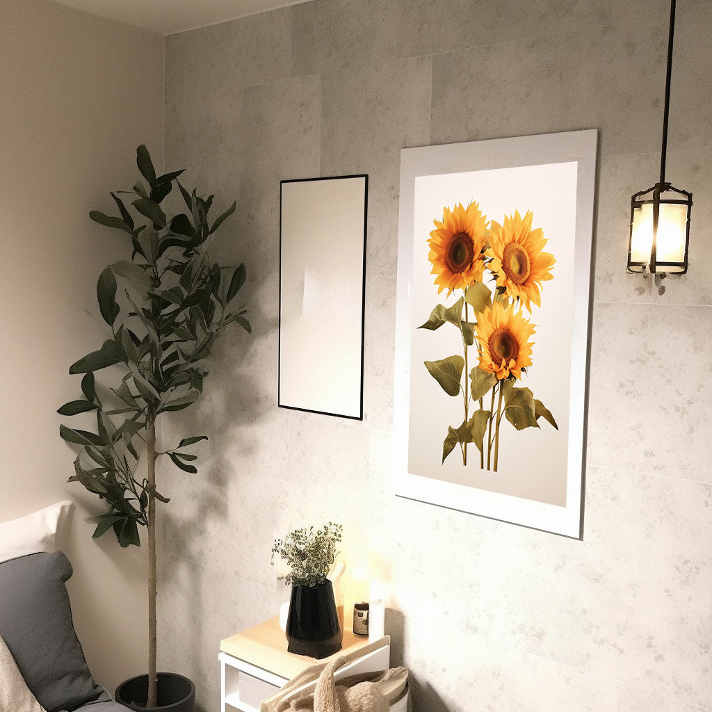 放射状に広がるひまわりのアートポスター廊下配置イメージ