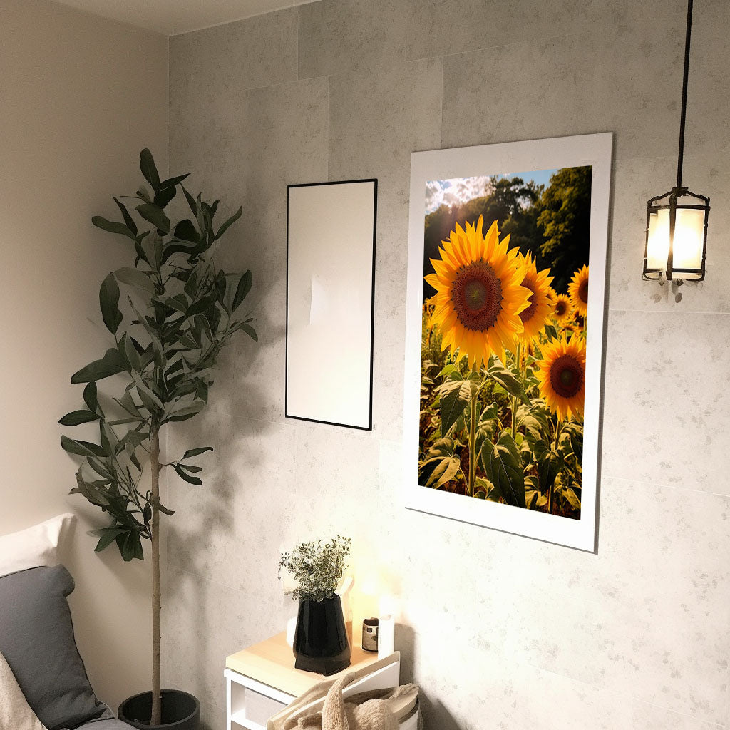 放射状に広がるひまわりのアートポスター廊下配置イメージ