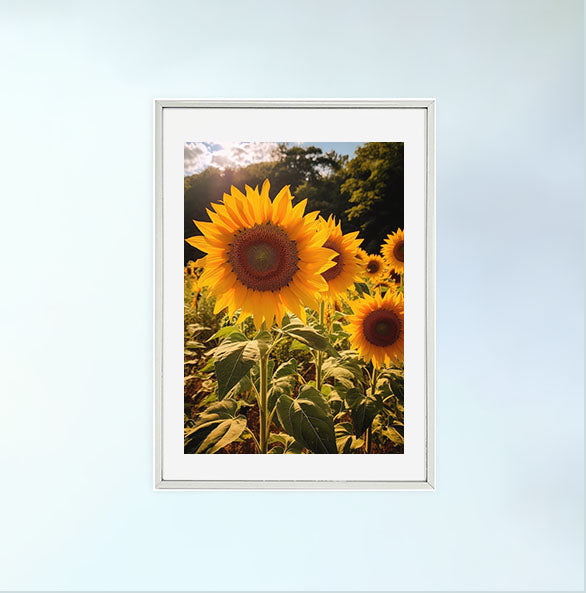 放射状に広がるひまわりのアートポスター銀フレームあり