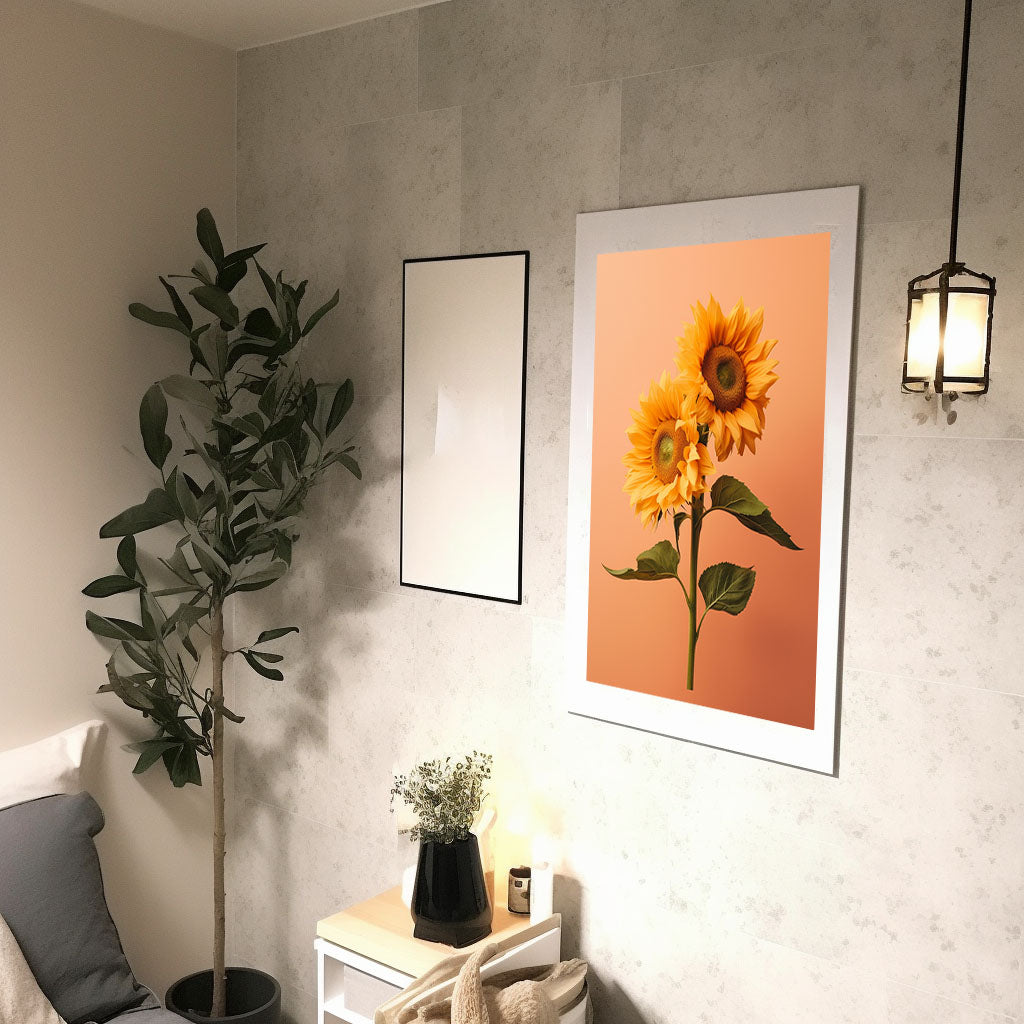 放射状に広がるひまわりのアートポスター廊下配置イメージ