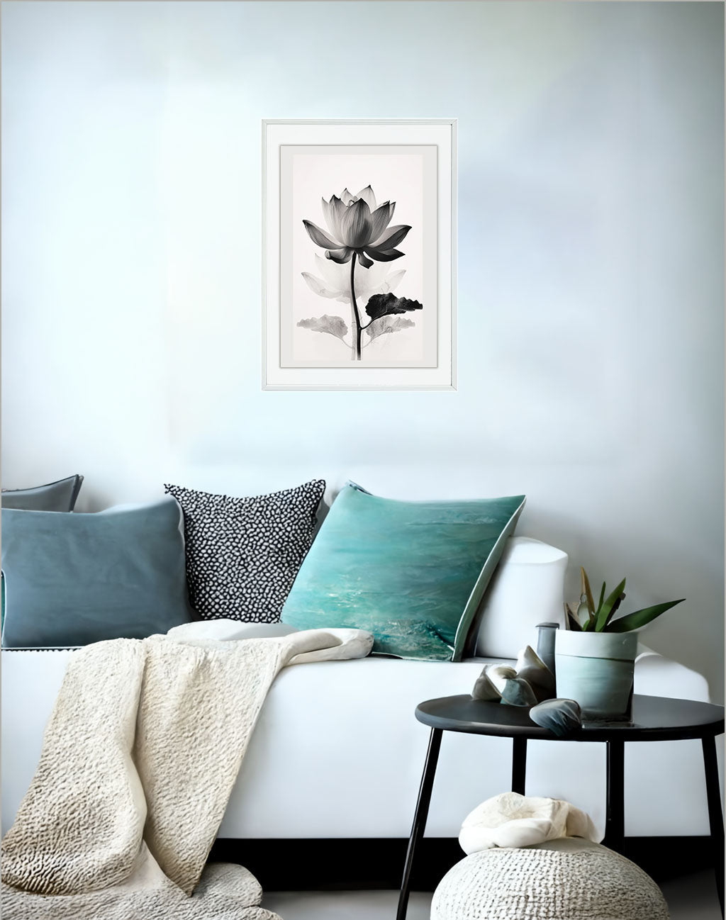 聖なる蓮のアートポスターソファ配置イメージ