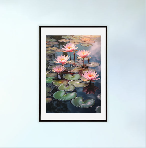 静謐な百合の池のアートポスター黒フレームあり