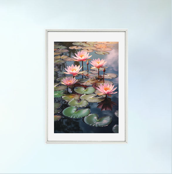静謐な百合の池のアートポスター銀フレームあり