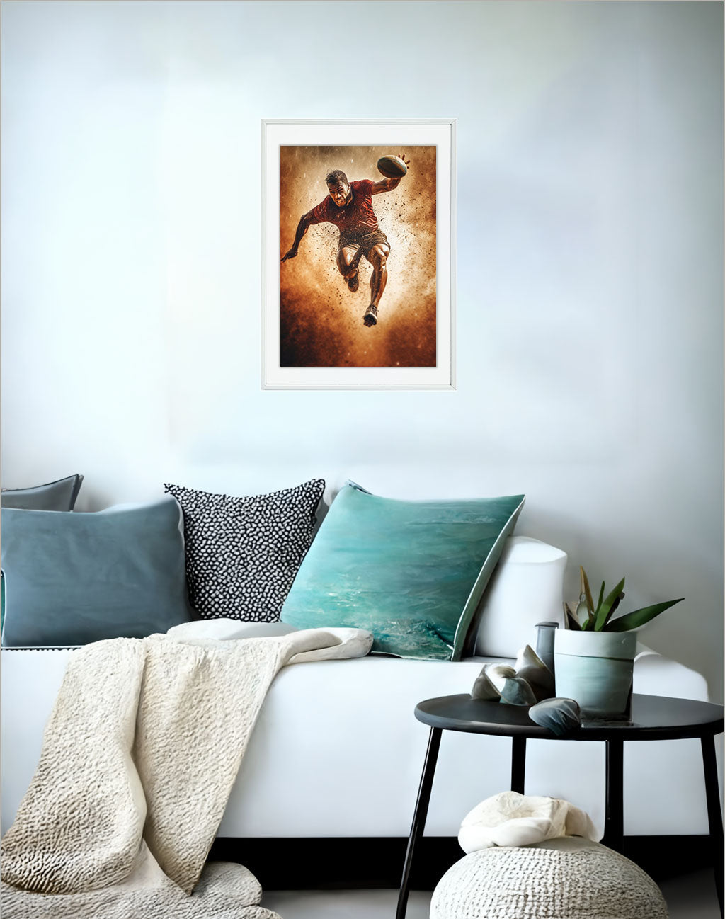 スポーツのアクションショットのアートポスターソファ配置イメージ
