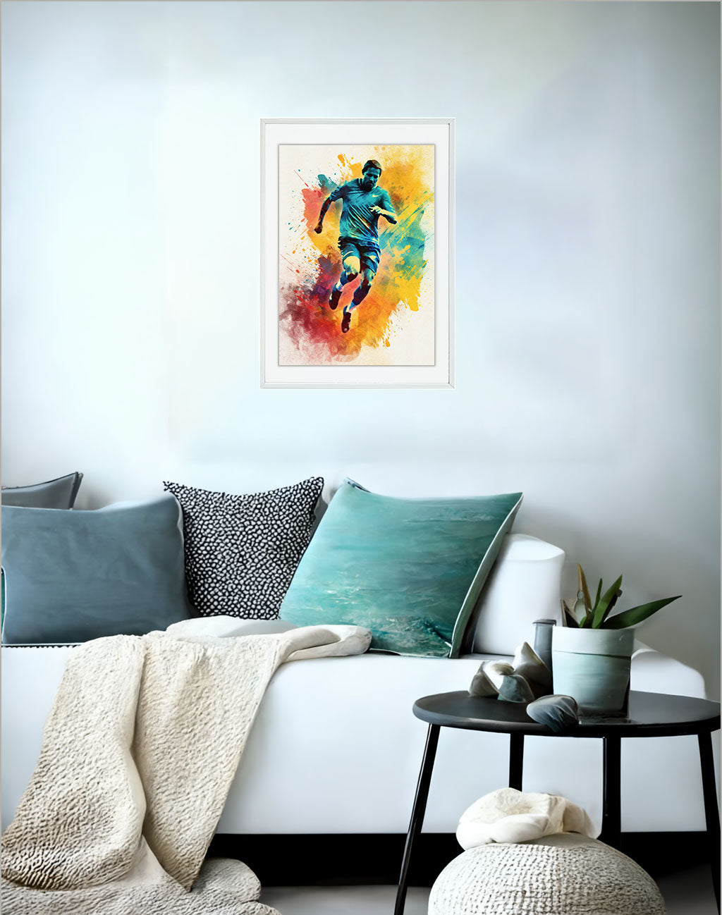 スポーツのアクションショットのアートポスターソファ配置イメージ