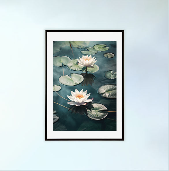 静謐な睡蓮のアートポスター黒フレームあり