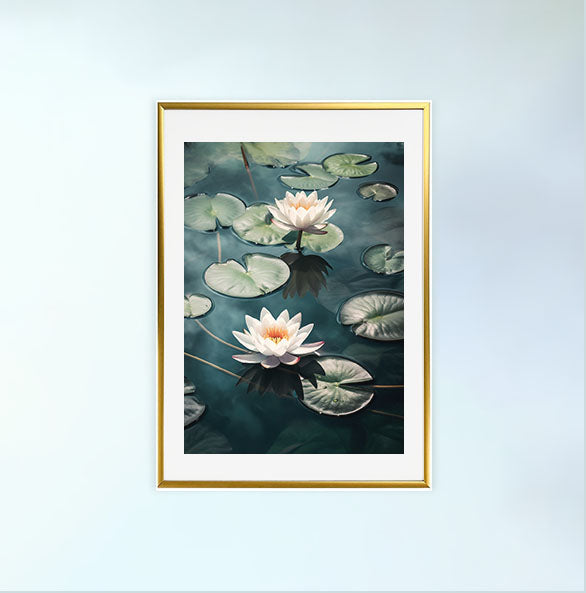 静謐な睡蓮のアートポスター金フレームあり