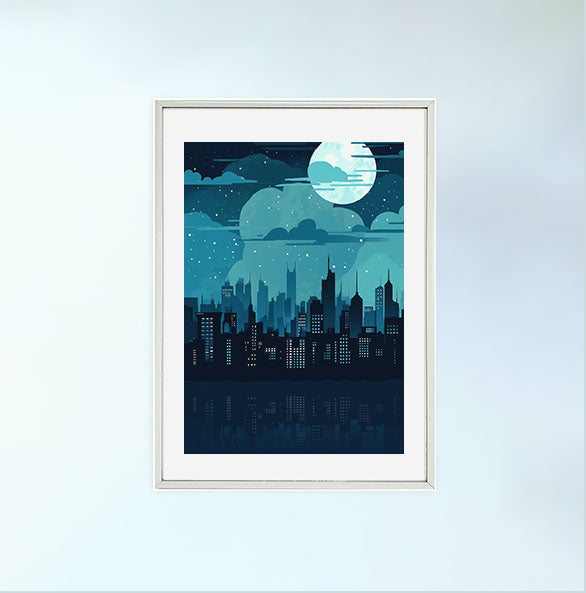 都市の夜景のアートポスター銀フレームあり