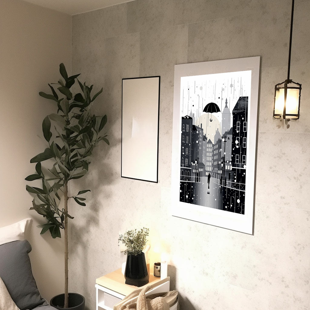 都市の夜景のアートポスター廊下配置イメージ