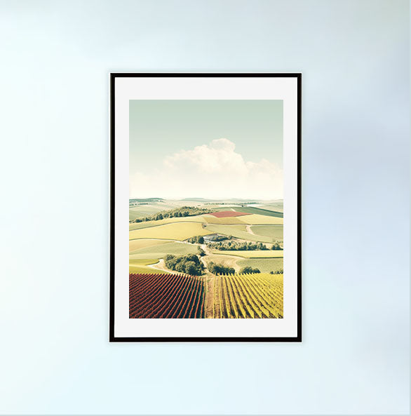 ボルドーのワイン畑のアートポスター黒フレームあり
