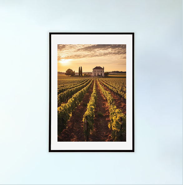 ボルドーのワイン畑のアートポスター黒フレームあり