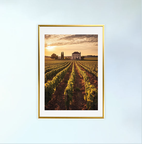 ボルドーのワイン畑のアートポスター金フレームあり