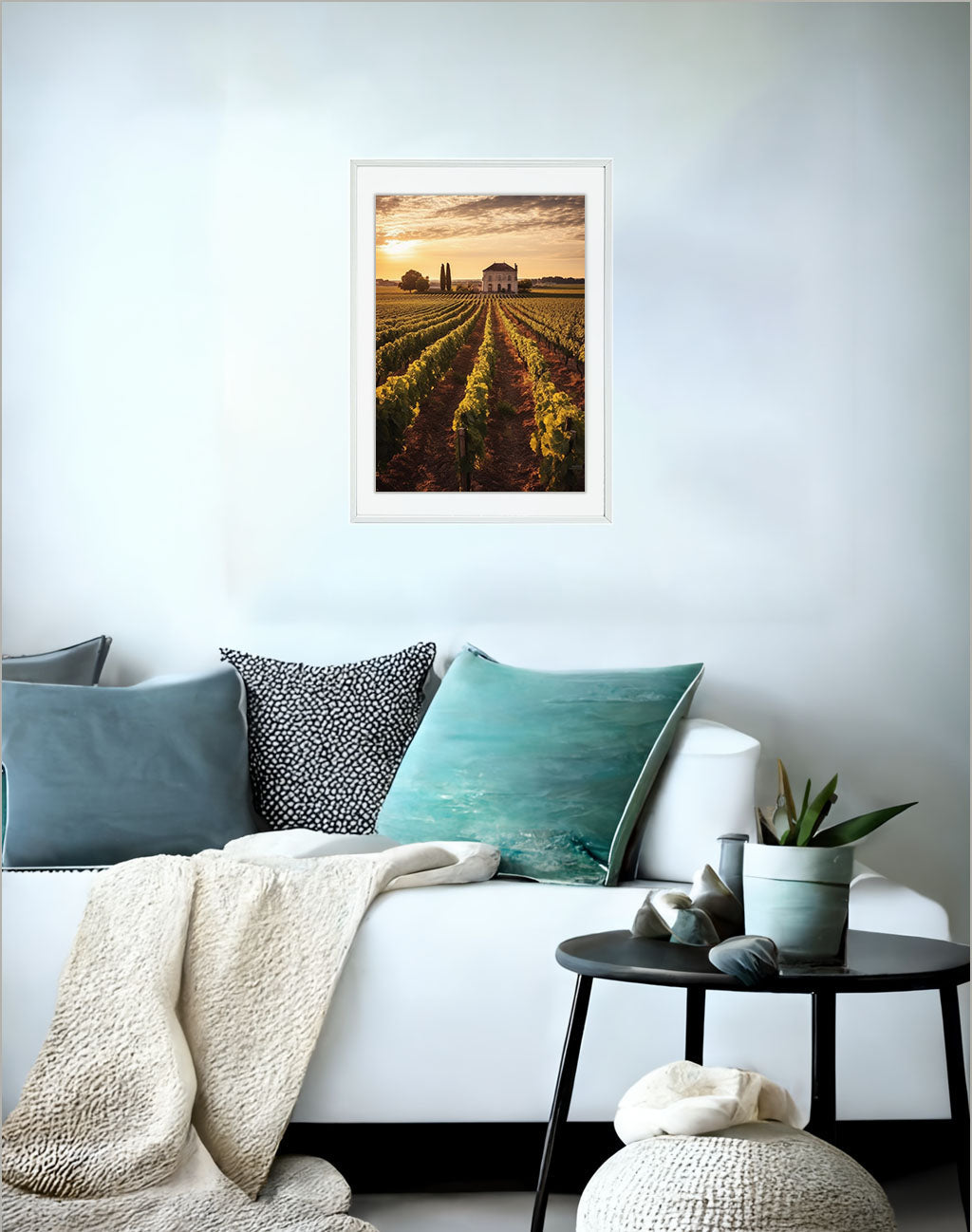 ボルドーのワイン畑のアートポスターソファ配置イメージ