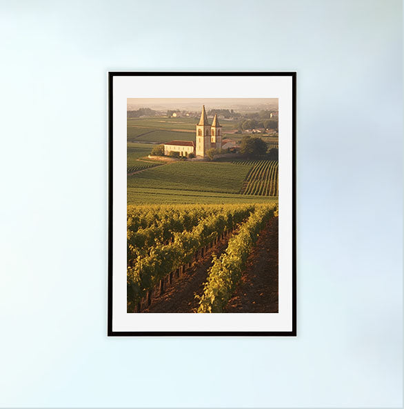ボルドーのワイン畑のアートポスター黒フレームあり