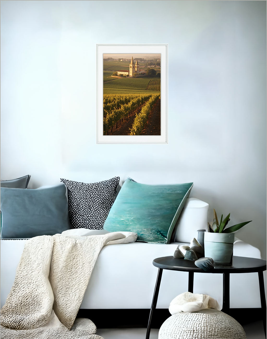 ボルドーのワイン畑のアートポスターソファ配置イメージ