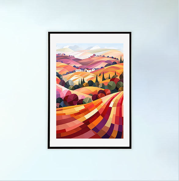 ボルドーのワイン畑のアートポスター黒フレームあり