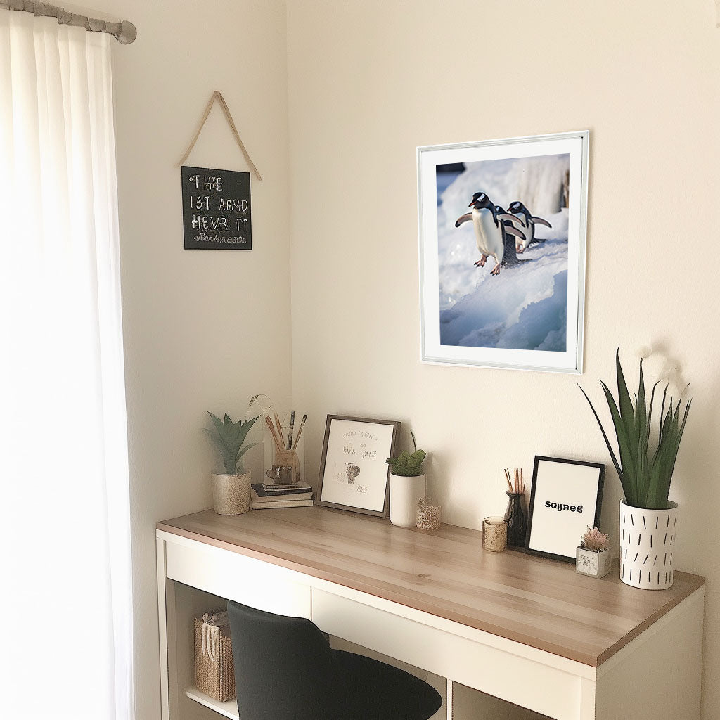 気まぐれなペンギンたちのアートポスター机配置イメージ