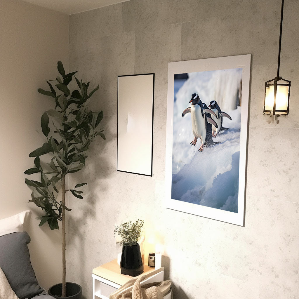 気まぐれなペンギンたちのアートポスター廊下配置イメージ