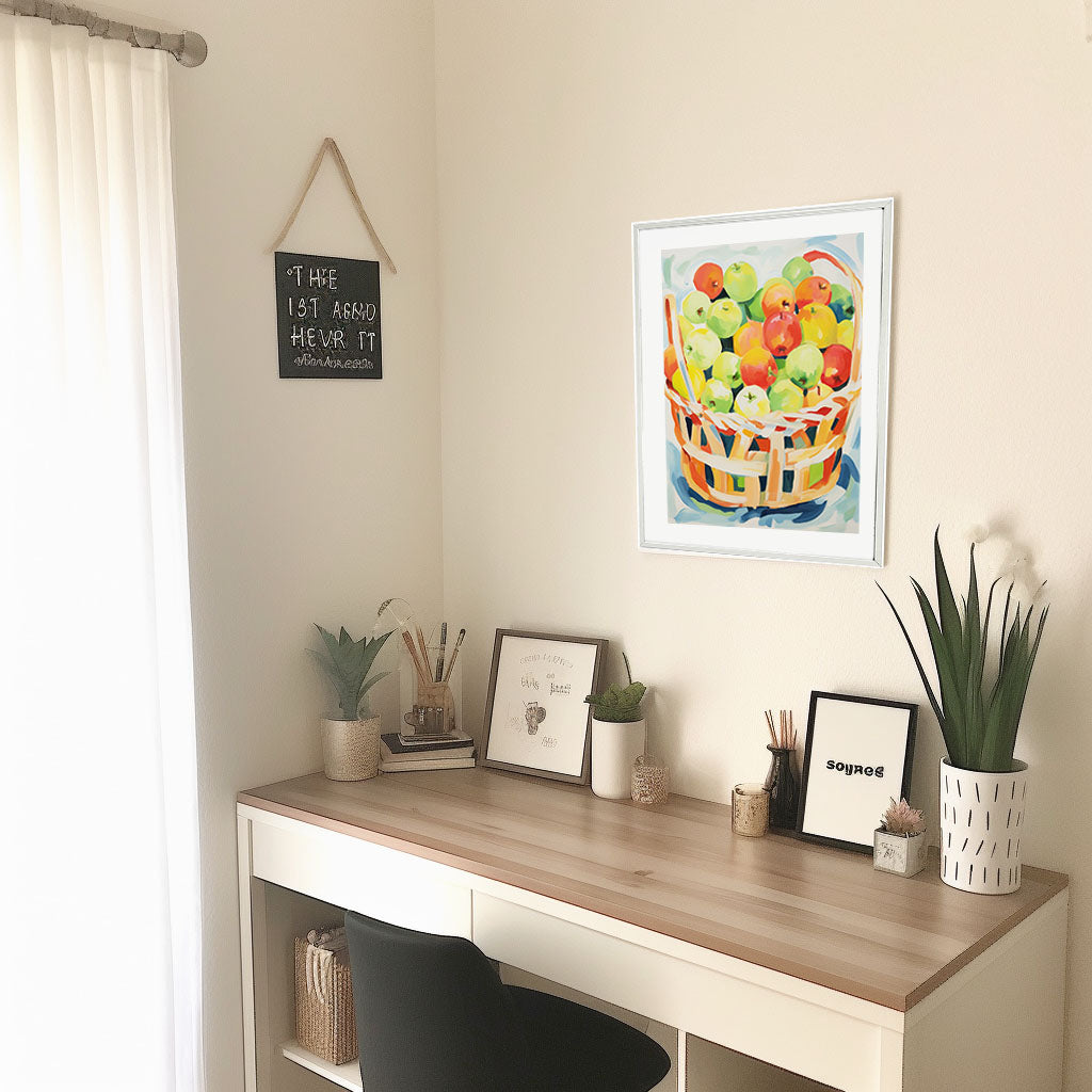 りんごのアートポスター:apple_7e70 / キッチン_フルーツと野菜_のポスター画像机に設置したイメージ