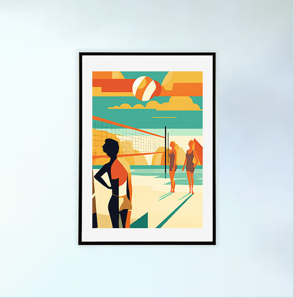 ビーチバレーのアートポスター黒フレームあり