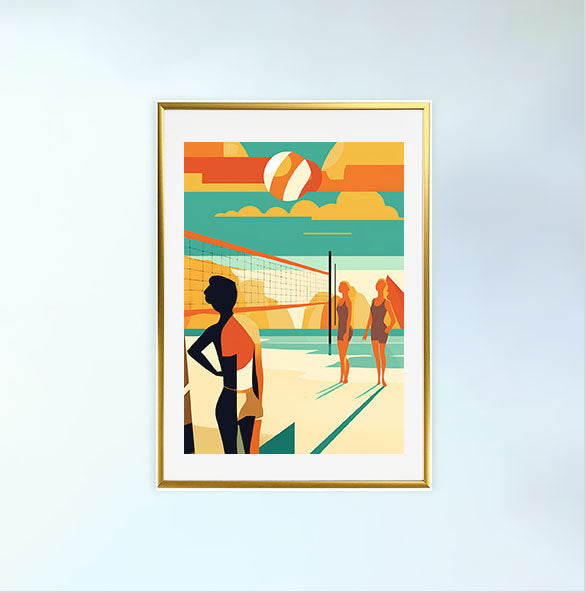 ビーチバレーのアートポスター金フレームあり