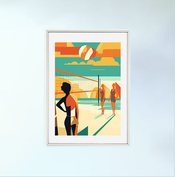 ビーチバレーのアートポスター銀フレームあり