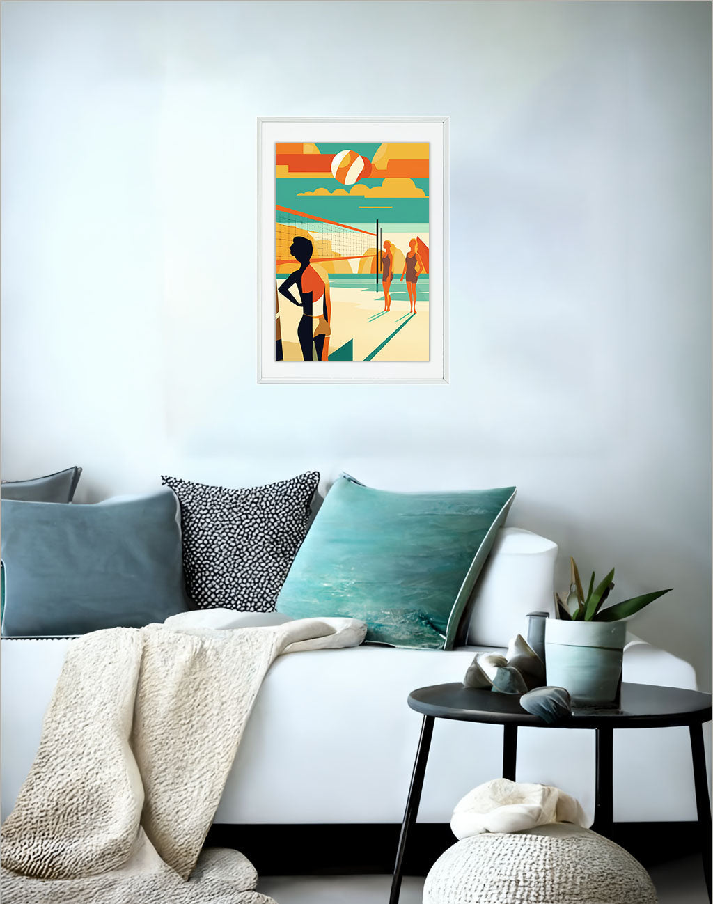 ビーチバレーのアートポスターソファ配置イメージ
