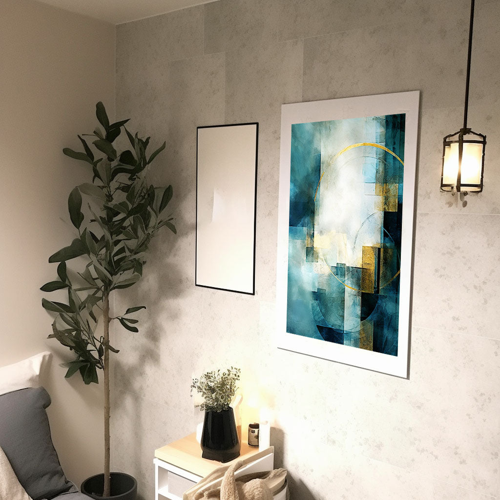 青い空のアートポスター廊下配置イメージ