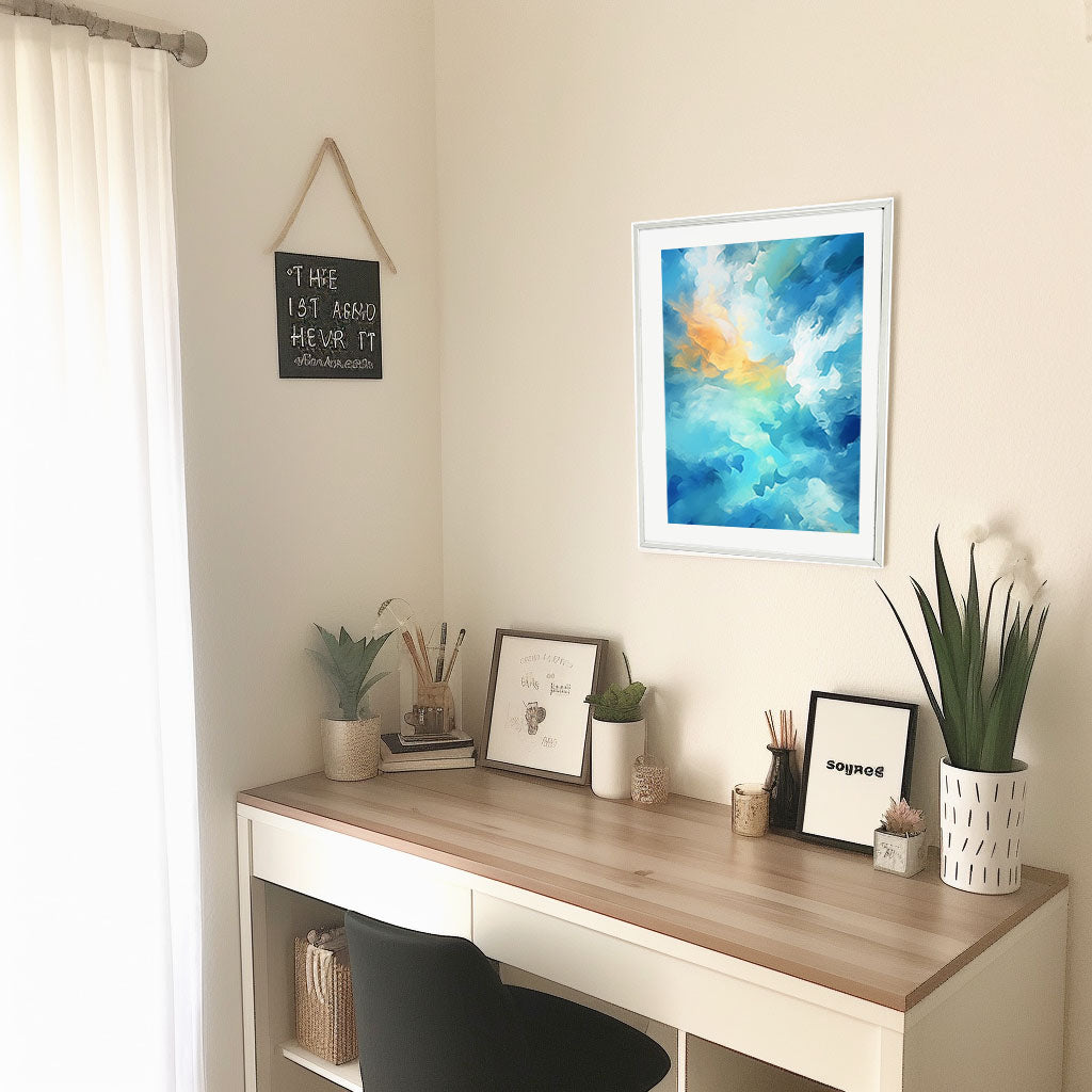 青い空のアートポスター机配置イメージ