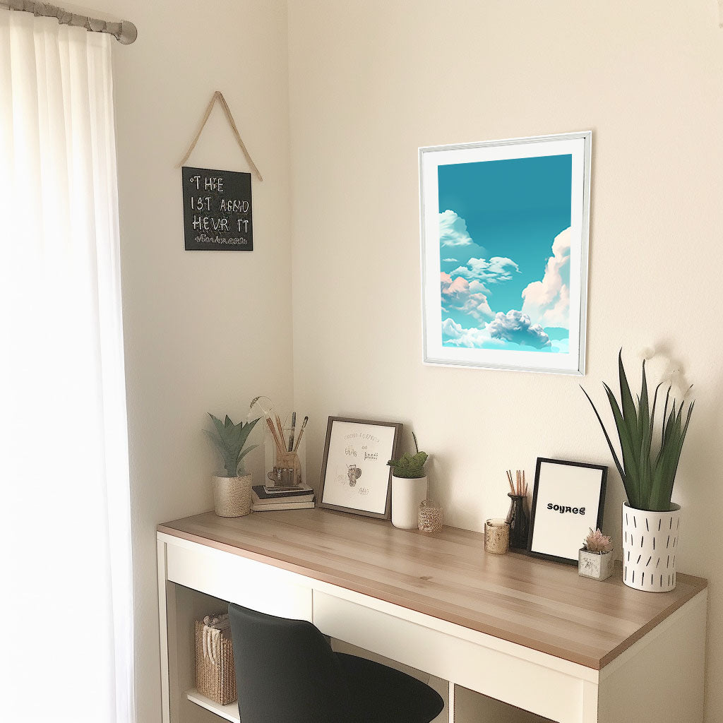 青い空のアートポスター机配置イメージ