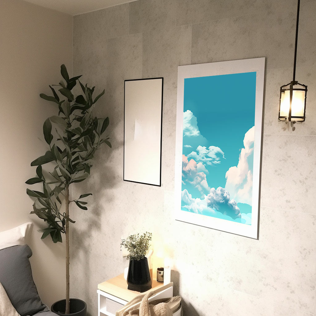 青い空のアートポスター廊下配置イメージ