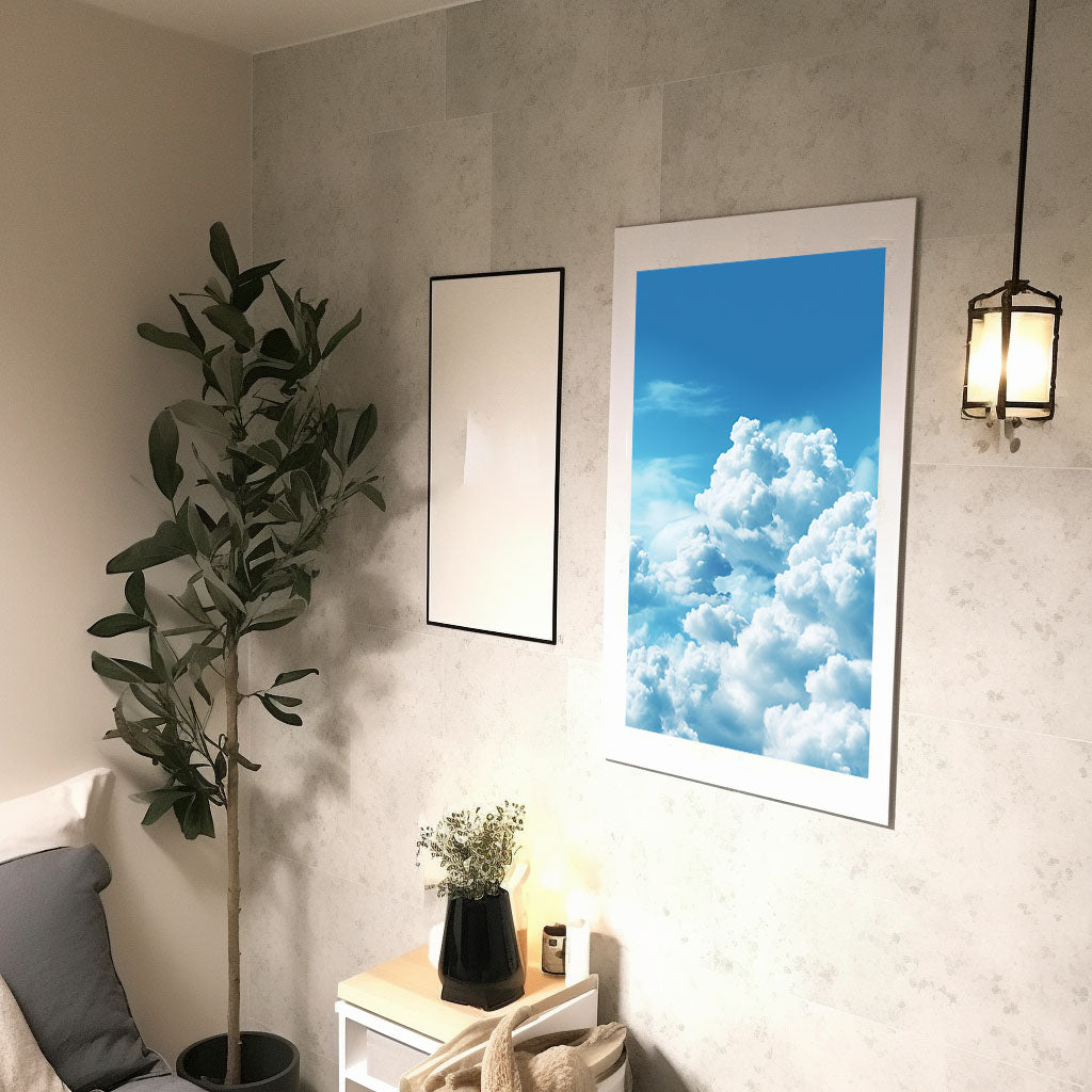 青い空のアートポスター廊下配置イメージ