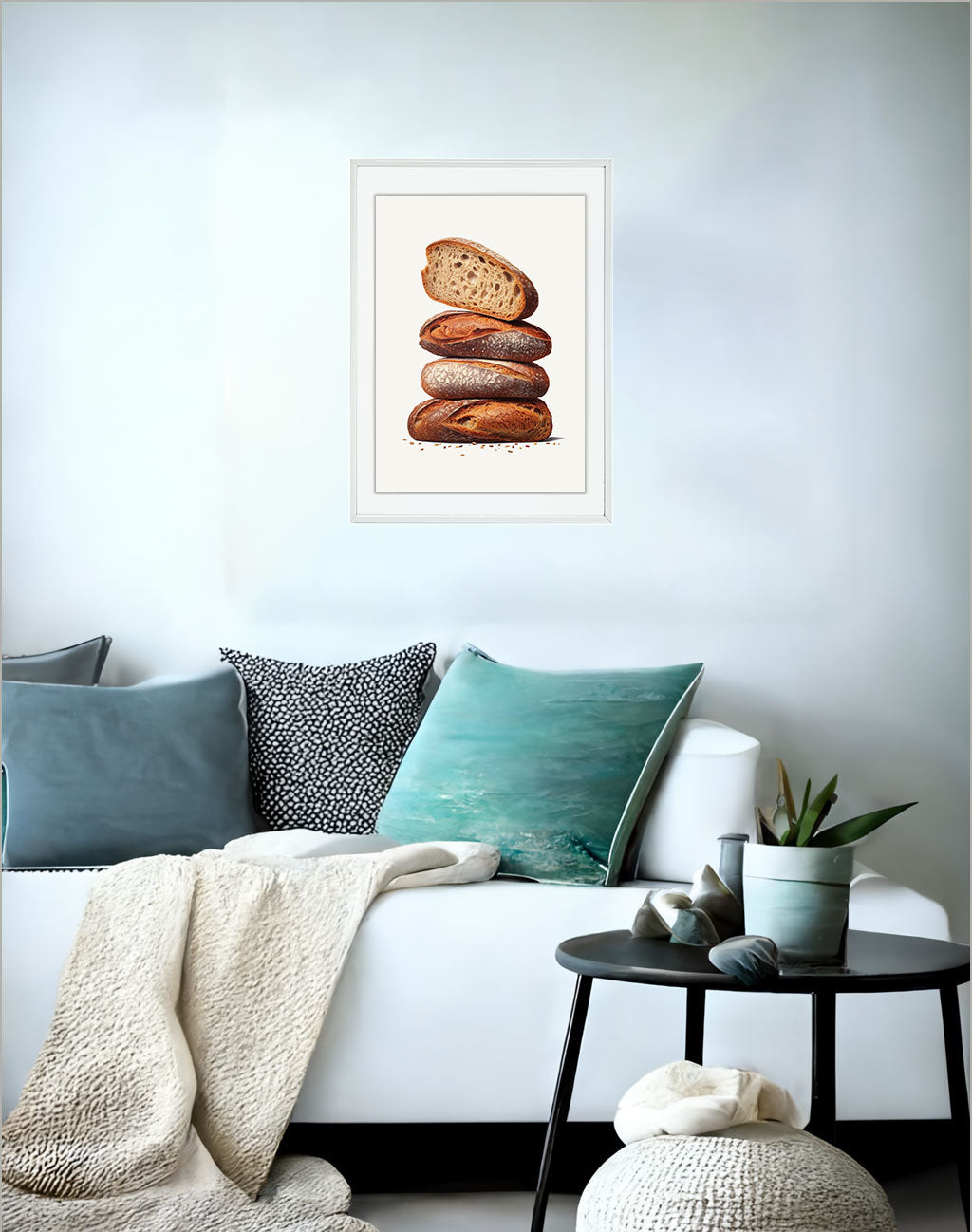 パンのアートポスターソファ配置イメージ