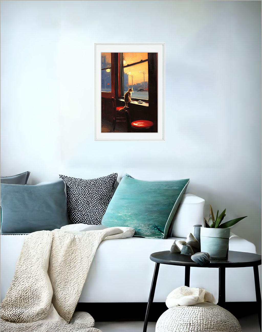 猫のアートポスターソファ配置イメージ