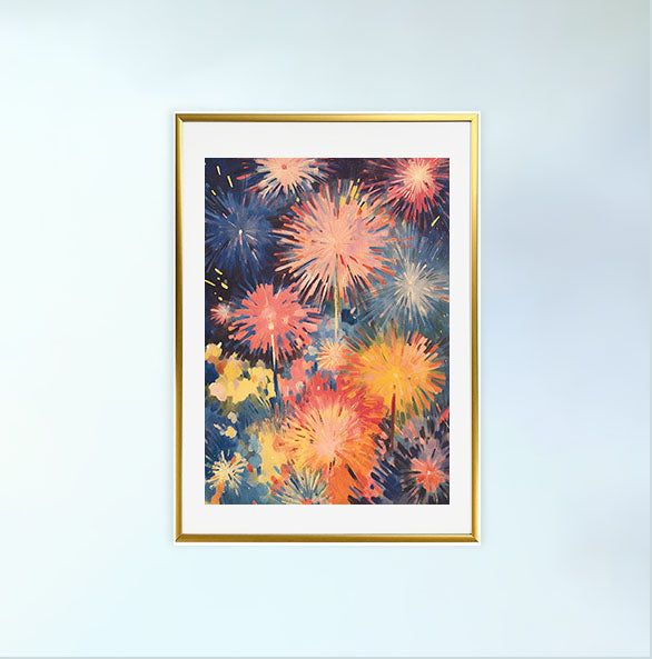花火大会のアートポスター金フレームあり