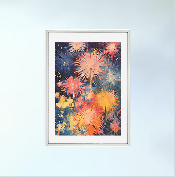 花火大会のアートポスター銀フレームあり
