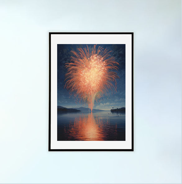 花火大会のアートポスター黒フレームあり