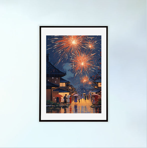 花火大会のアートポスター黒フレームあり