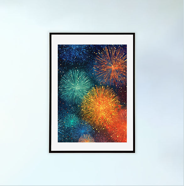 花火大会のアートポスター黒フレームあり