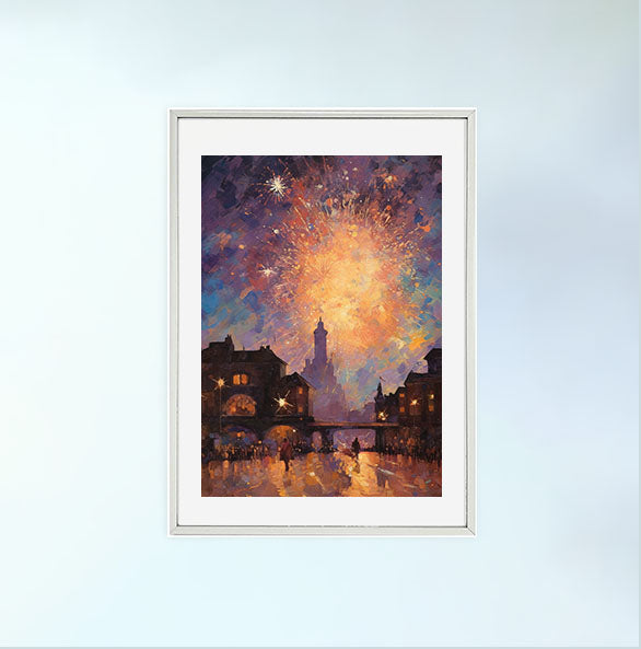花火大会のアートポスター銀フレームあり