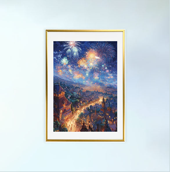 花火大会のアートポスター金フレームあり