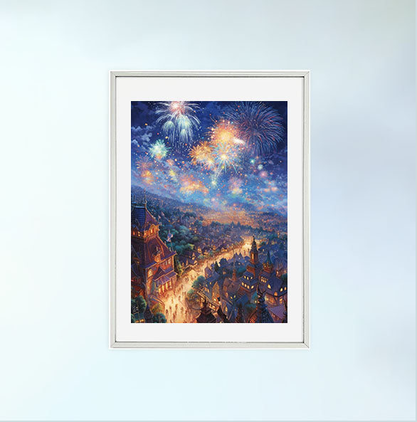 花火大会のアートポスター銀フレームあり