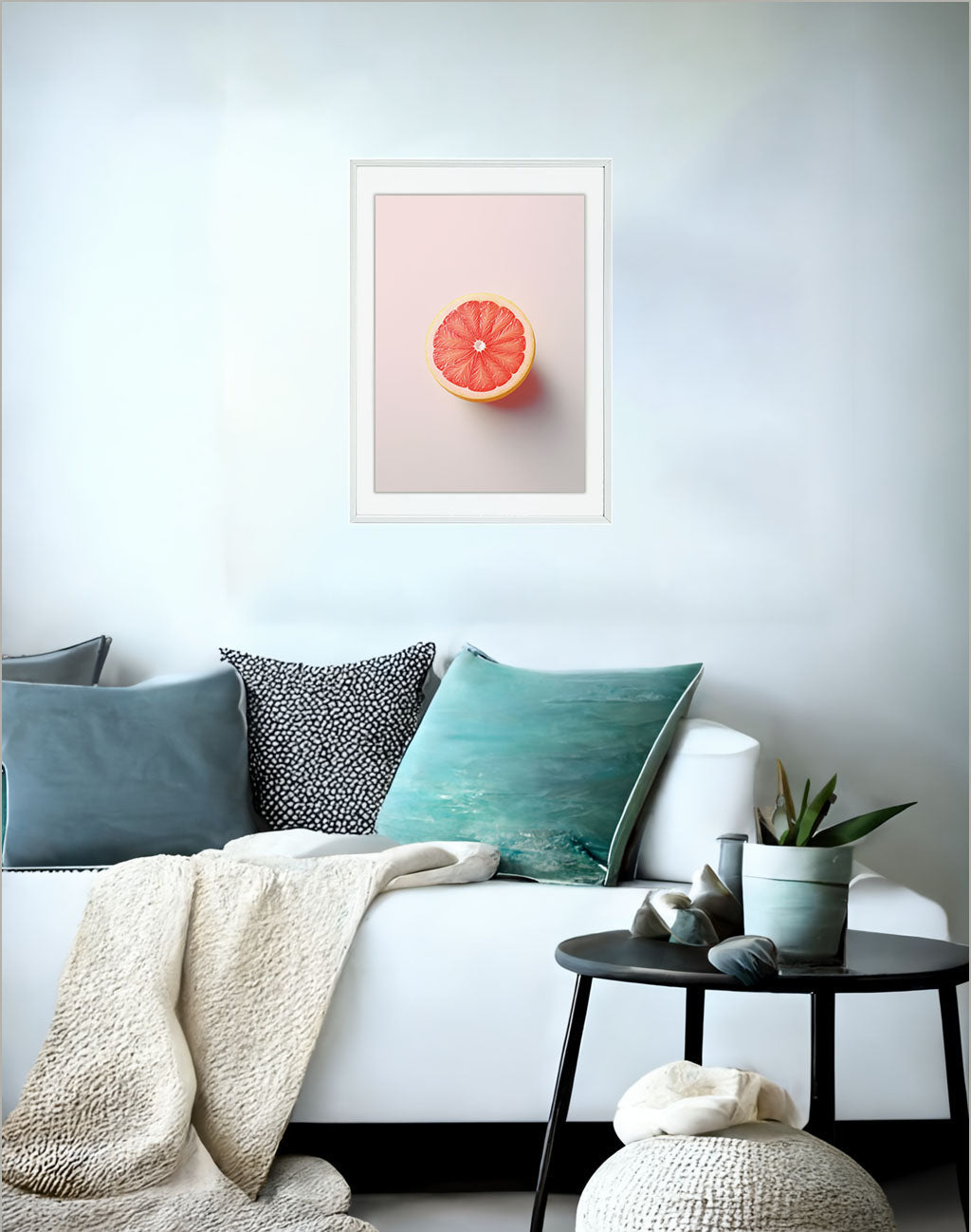 グレープフルーツのアートポスターソファ配置イメージ