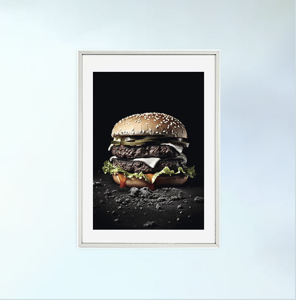 ハンバーガーのアートポスター銀フレームあり