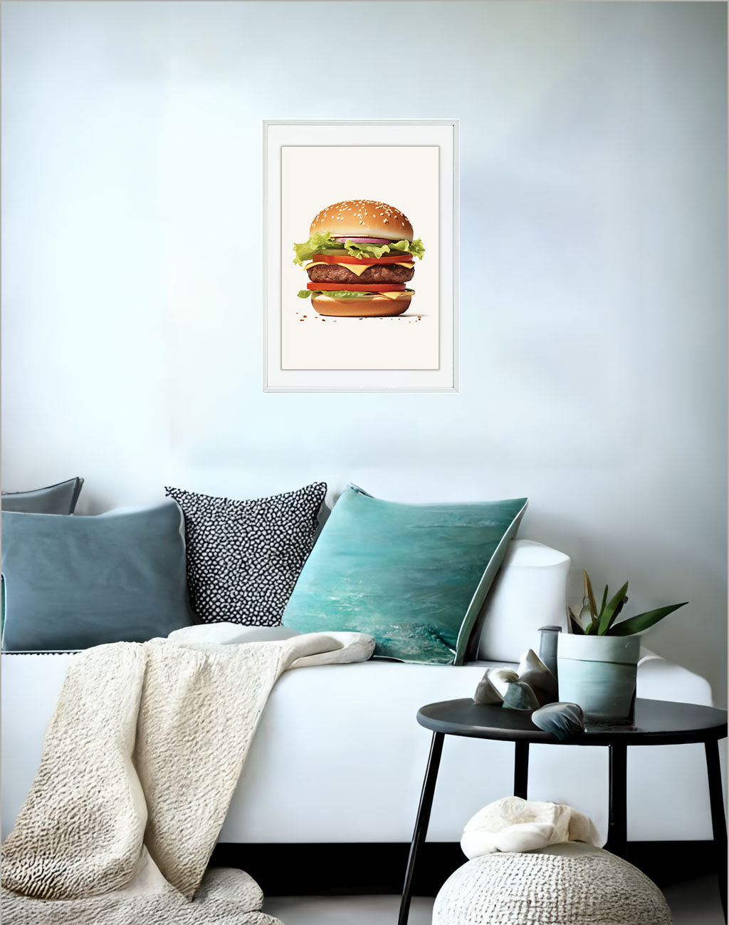 ハンバーガーのアートポスターソファ配置イメージ