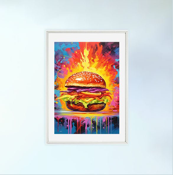 ハンバーガーのアートポスター白フレームあり