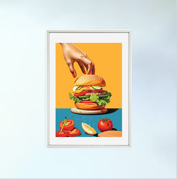 ハンバーガーのアートポスター銀フレームあり