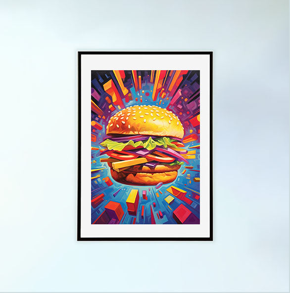 ハンバーガーのアートポスター黒フレームあり